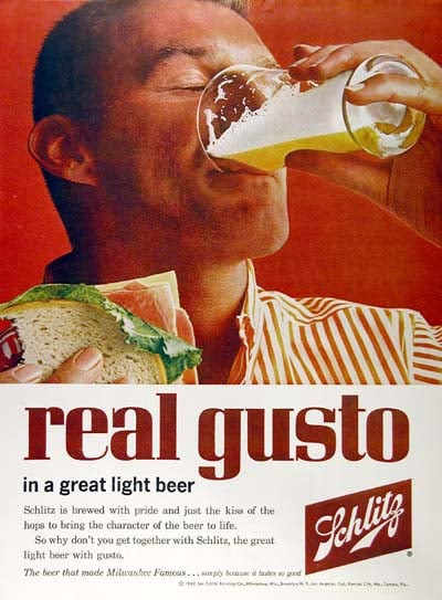 Schlitz Beer Advertisement: Real Gusto in a great light beer with sandwich