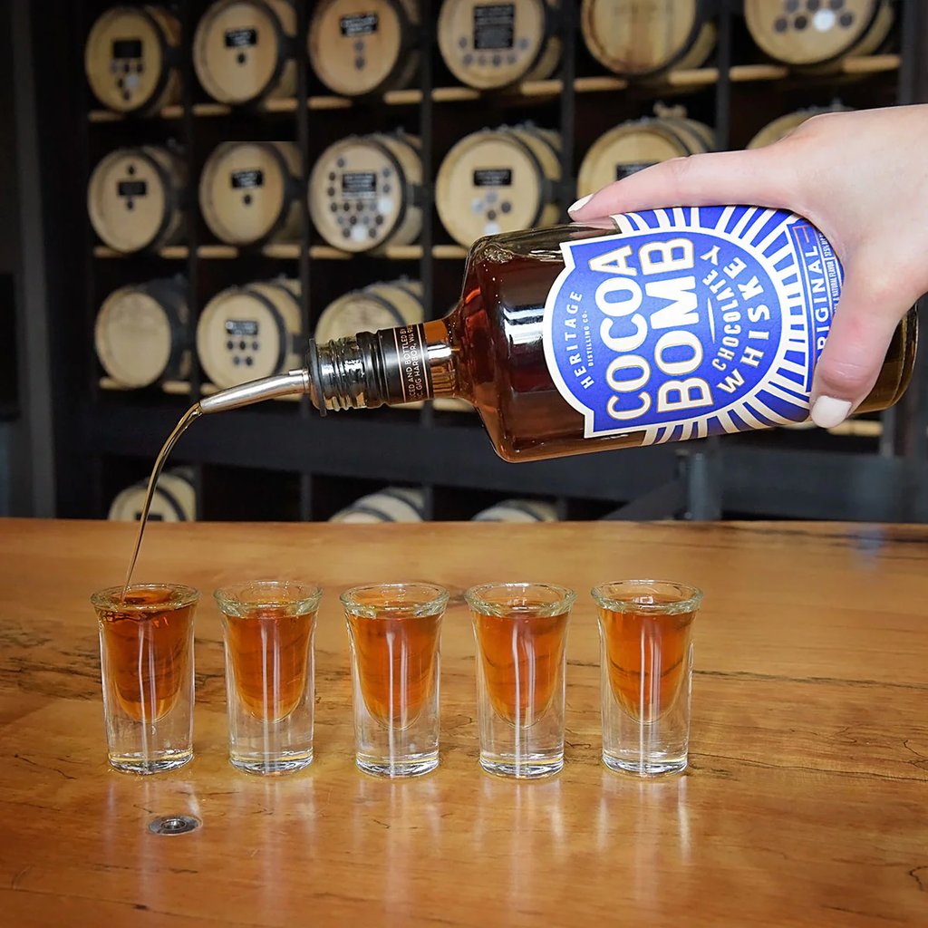 cocoa bomb heritage distilling co. poured in shot glasses