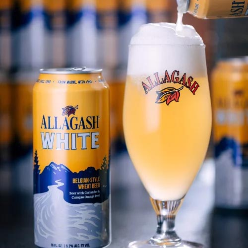 allagash white can with beautiful glass poured