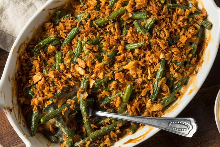 crunchy green bean casserole in casserole dish