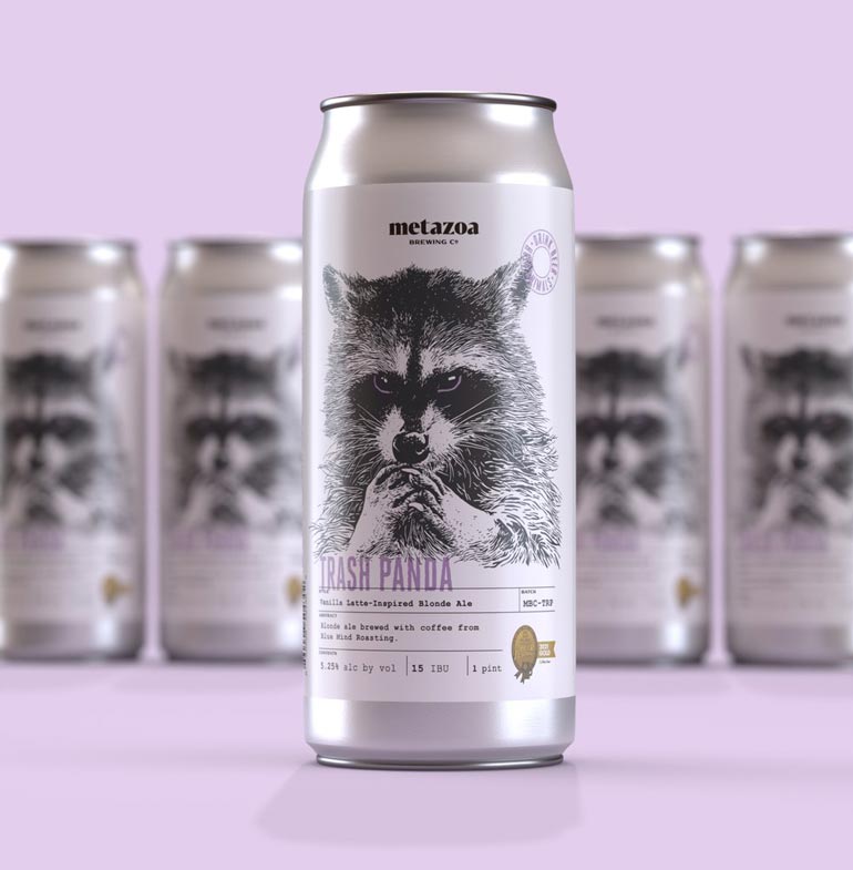 cans of metazoa brewing co. trash panda on lavender background