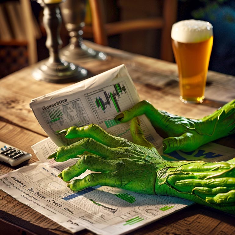 A monster calmly reading the paper with a glass of beer in arm's reach