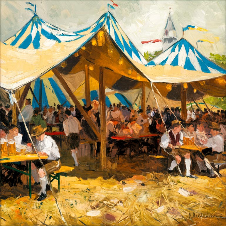 impressionistic painting of munich oktoberfest tents with revelers