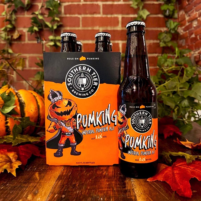 southern tier pumking beer with autumnal background