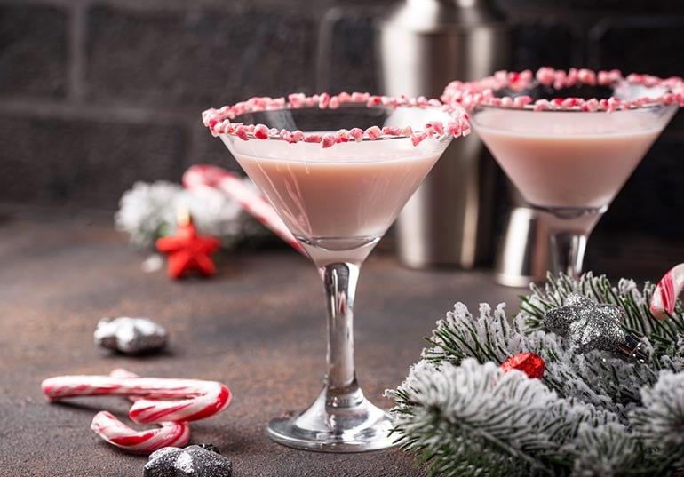 White chocolate and peppermint martini with a crushed candy cane rim.