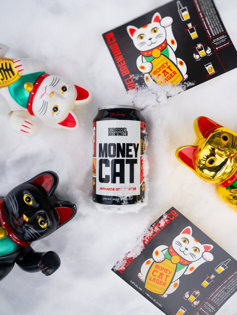 10 barrel money cat rice lager cans and cats in the snow