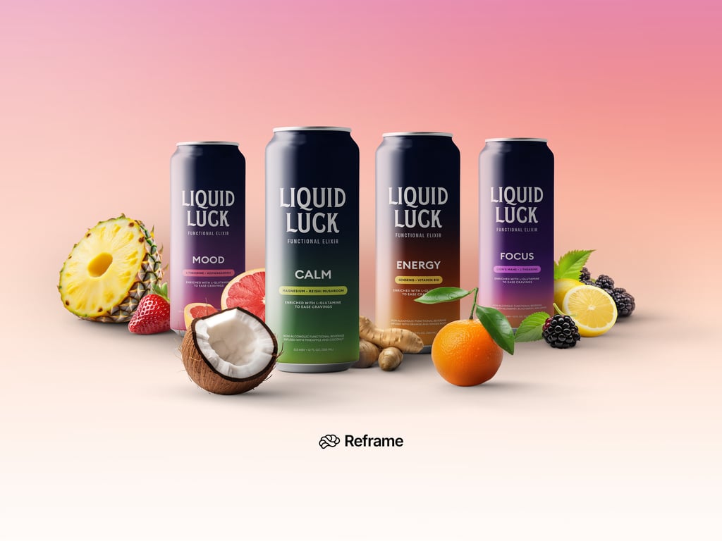 reframe liquid luck cans on pink-peach background with fruit surrounding