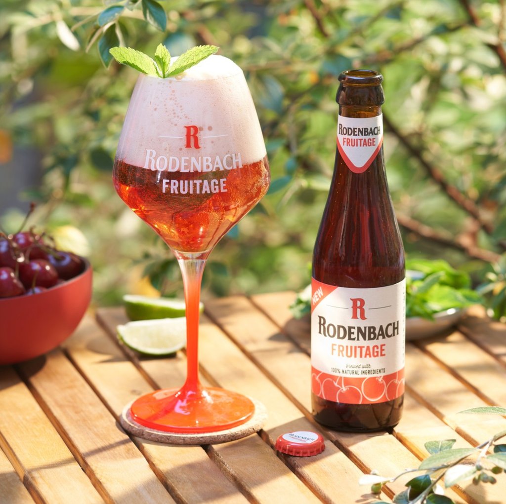 A glass of Rodenbach Fruitage by Brouwerij Rodenbach
