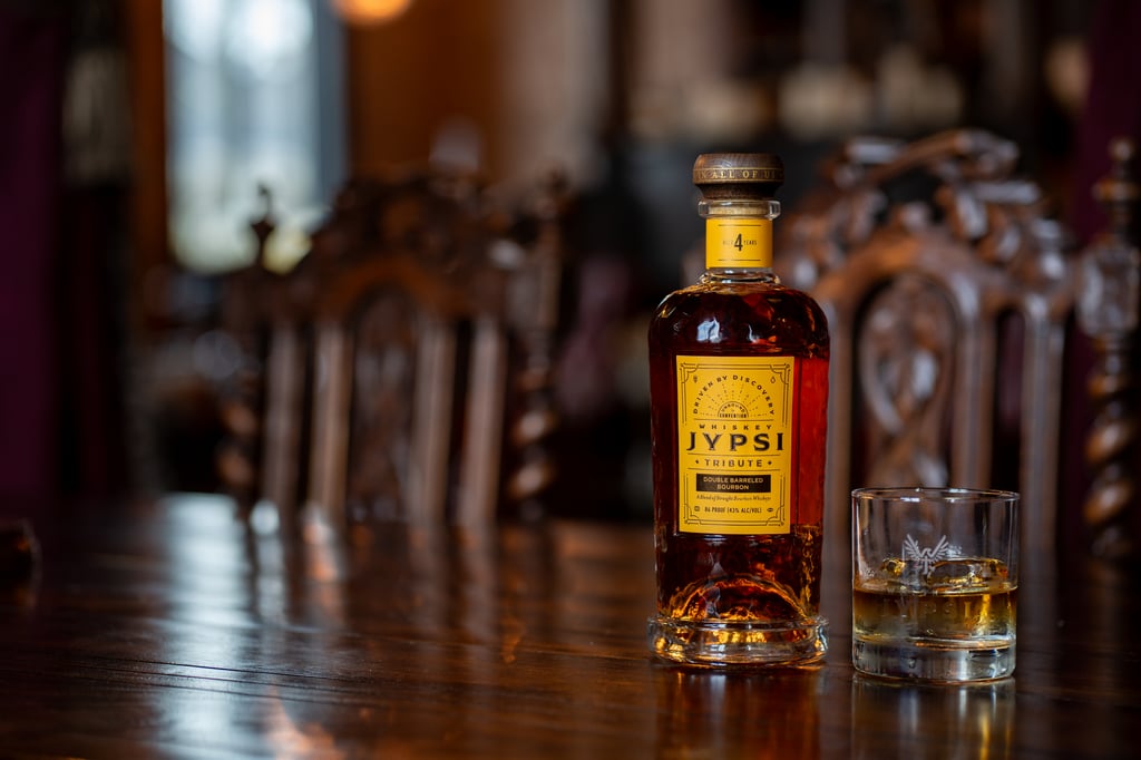 Whiskey JYPSI Tribute Double Barreled Bourbon on bartop