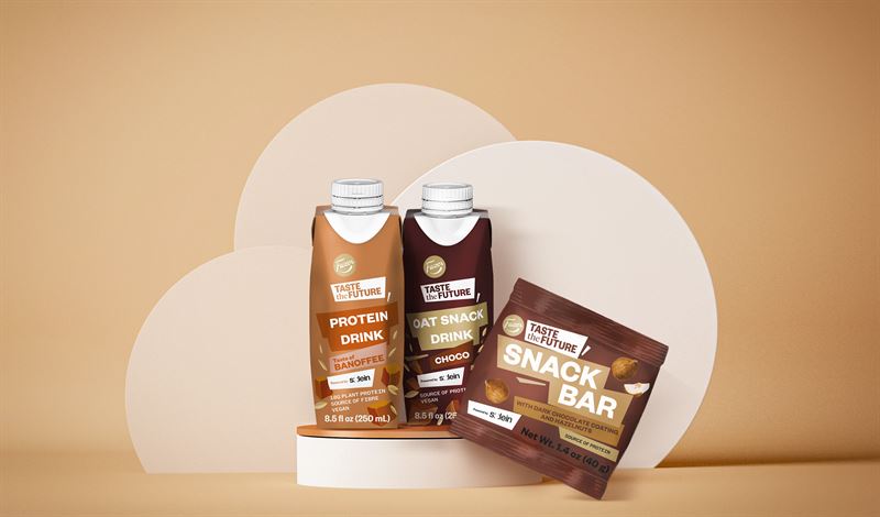 Fazer solein protein snacks bottles and bags with frappe-colored background