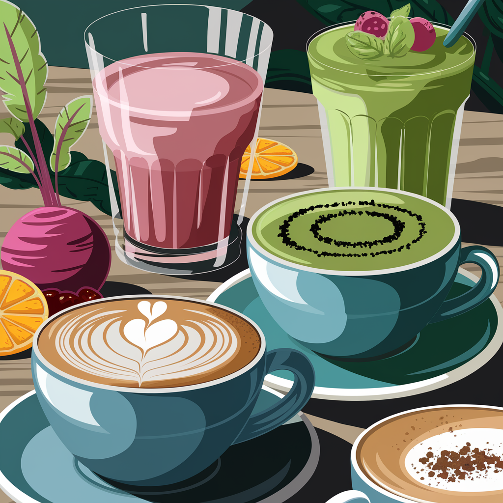 selection of beverages, stylized as 2d artwork