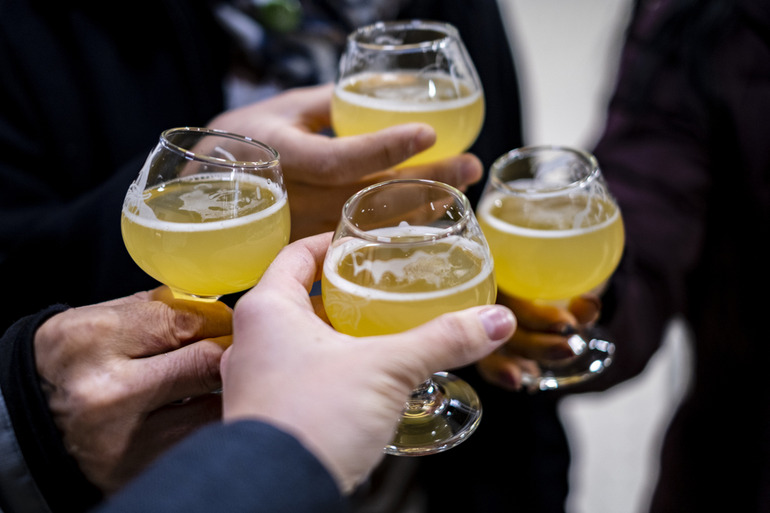 Beer enthusiasts sampling freshly brewed beers during a brewery tour
