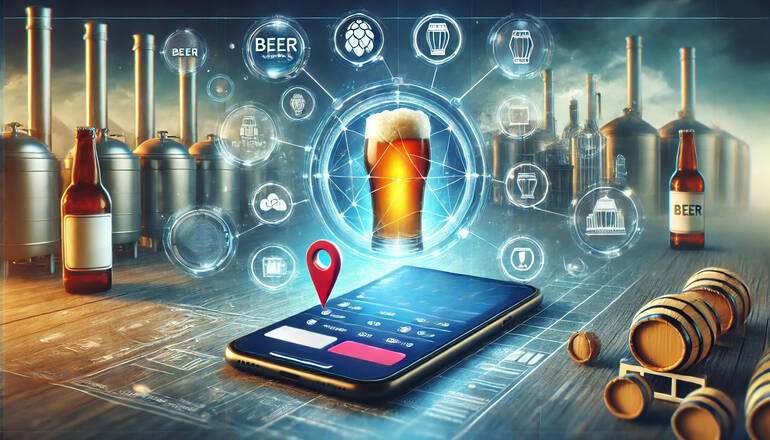 A smartphone displaying a beer app, surrounded by digital brewery elements, symbolizing tech’s impact