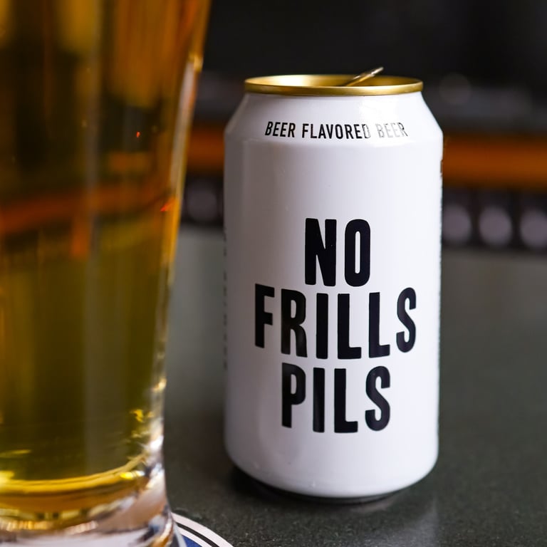 No Frills Pils 2025 Wallenpaupack Brewing Co. can and glass