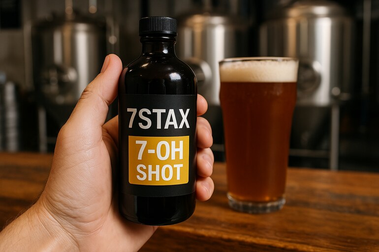 A man holding a 7Stax 7-OH Shot bottle in front of a pint of beer