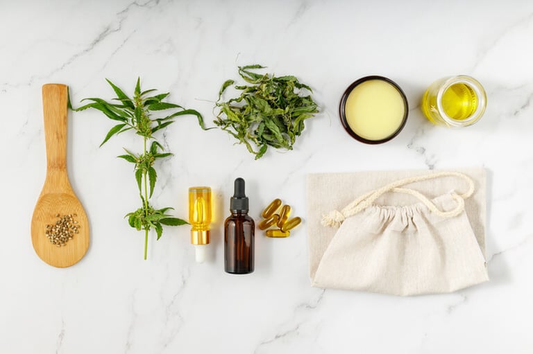 A collection of CBN products, including tinctures, capsules, dried hemp, and infused oils