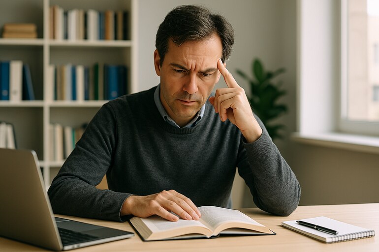 A man deeply focused on reading a book and critical thinking