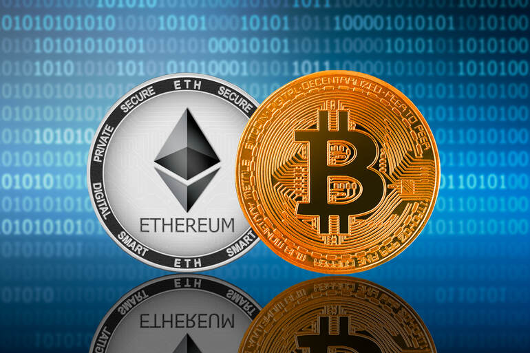 Ethereum and Bitcoin coins representing the ETH/BTC crypto trading pair against a digital binary background