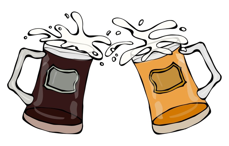 Two animated beer mugs clinking, one filled with dark ale and the other with light lager