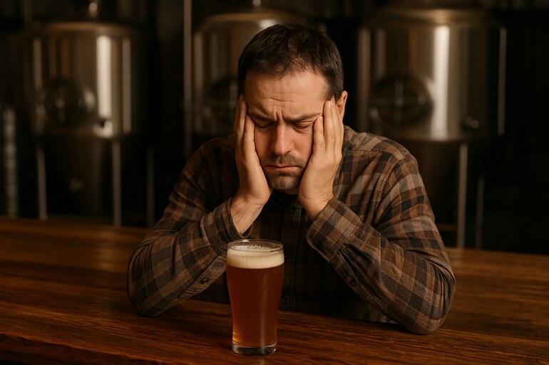 A man in a brewing setting, overwhelmed by stress and sleep issues