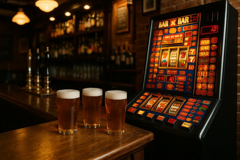 Three pints of beer beside a brightly lit slot machine in the UK