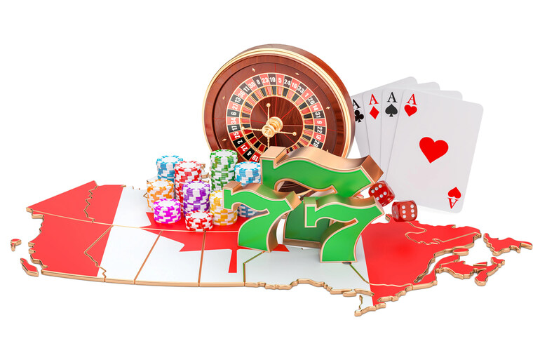 Assorted online gambling elements displayed around a Canadian flag
