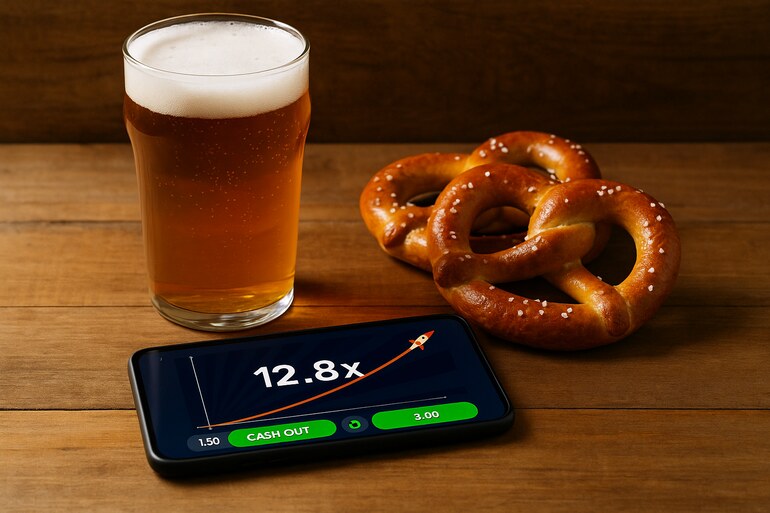 A craft beer glass on a bar counter with a mobile displaying a crash game