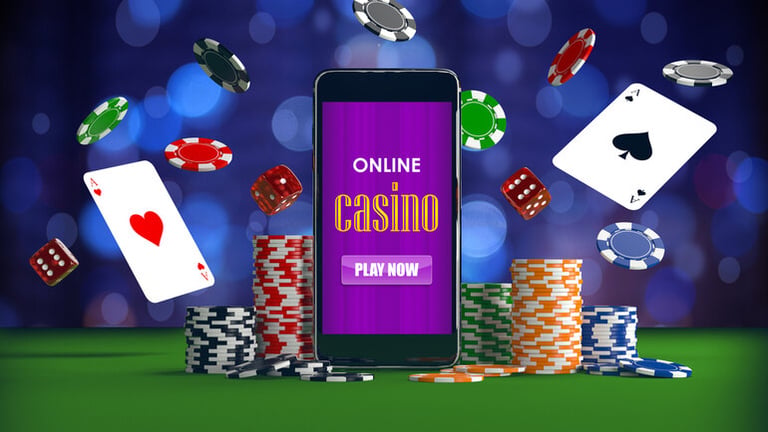Online casino game on mobile with paying cards, poker chips, and dice around