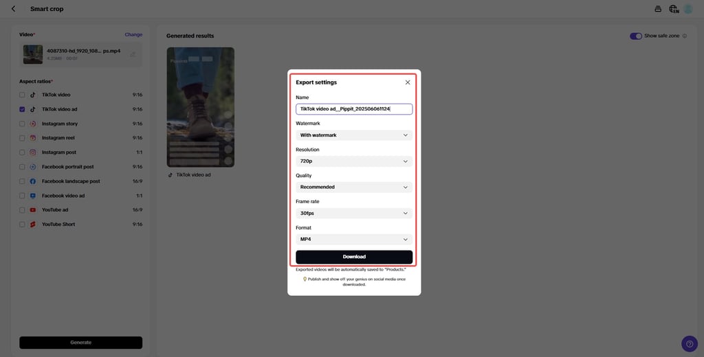 Export and downlaod the video