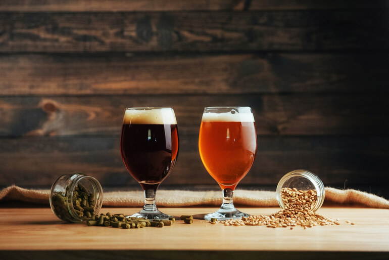 Two glasses of craft beer with hops and barlexy on a wooden table, artisanal spirit of craft culture, and premium quality.