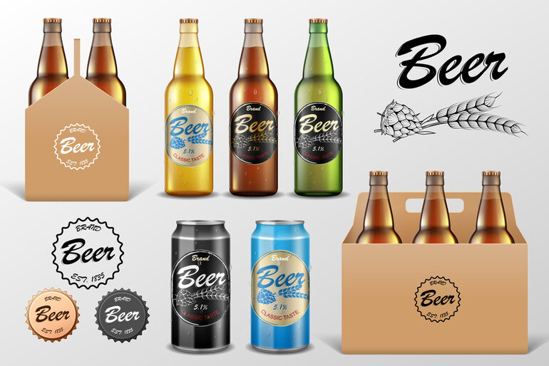 A collection of personalized beer bottles and cans in various colors and packaging styles