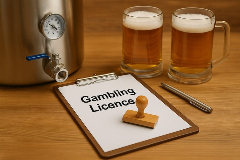 Brewing equipment with a paper labeled "Gambling Licence" on a workbench