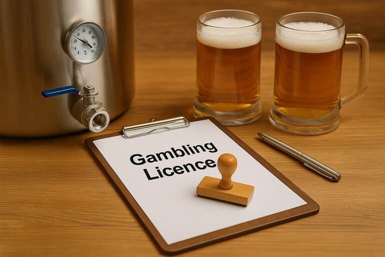 Brewing equipment with a paper labeled "Gambling Licence" on a workbench