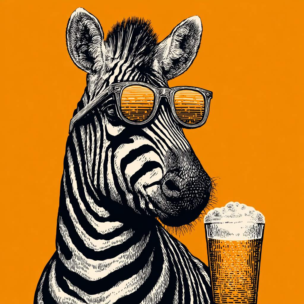 a zebra with goggles and a pint of beer in front of it