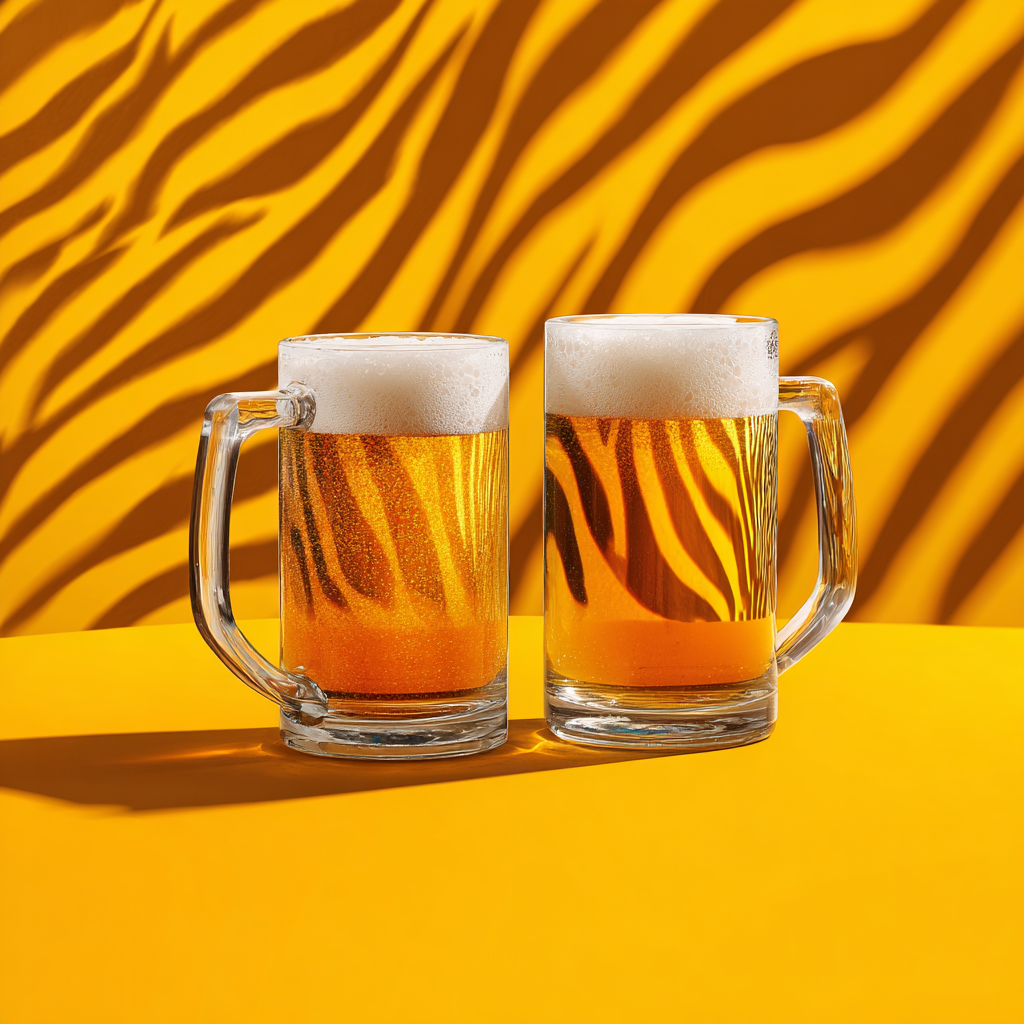 Two Mugs of Beer Set Against a Stripped Background