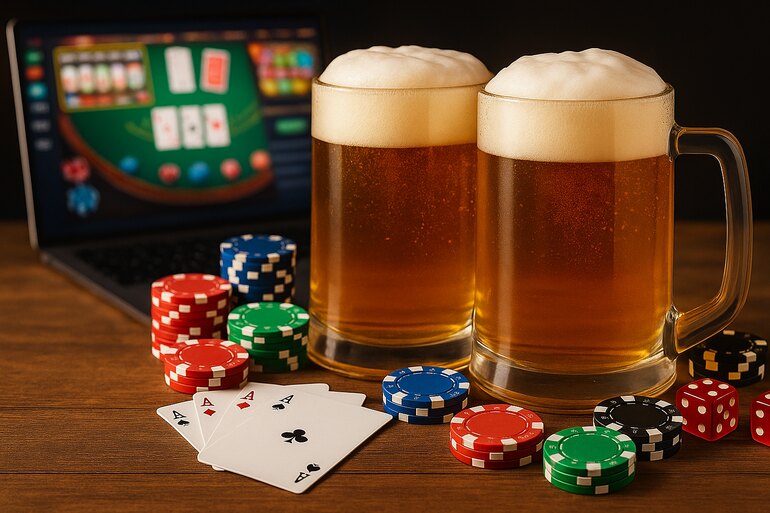 Two beer mugs on a table with poker chips, playing cards, and dice