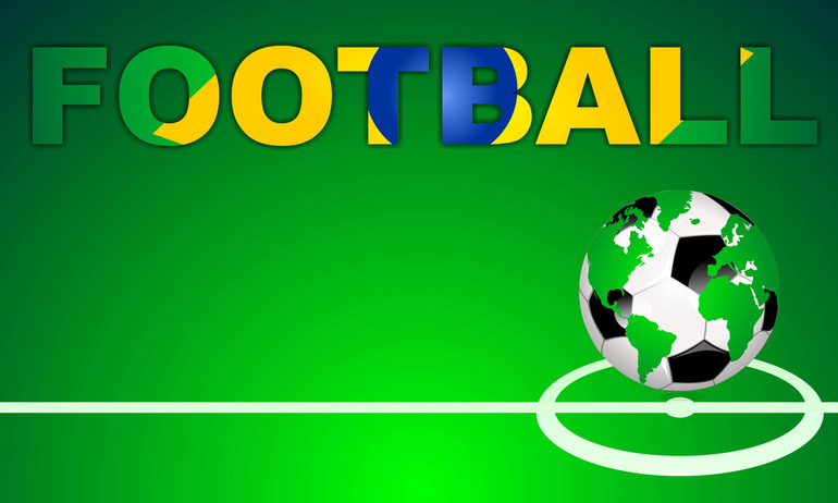 The word FOOTBALL in vibrant colors above a field, with a globe-themed football representing global unity through the sport