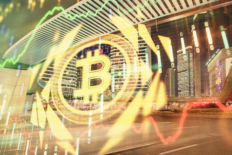 Glowing Bitcoin symbol over city skyline with market trend lines