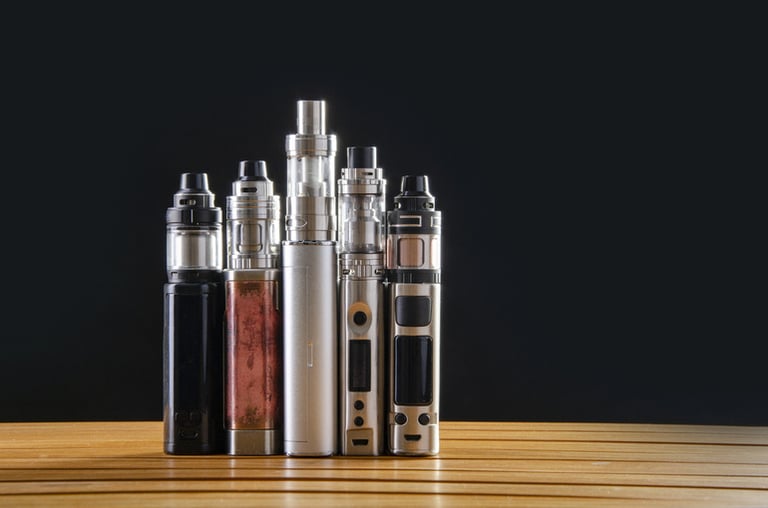 A lineup of modern disposable vapes displayed on a wooden surface