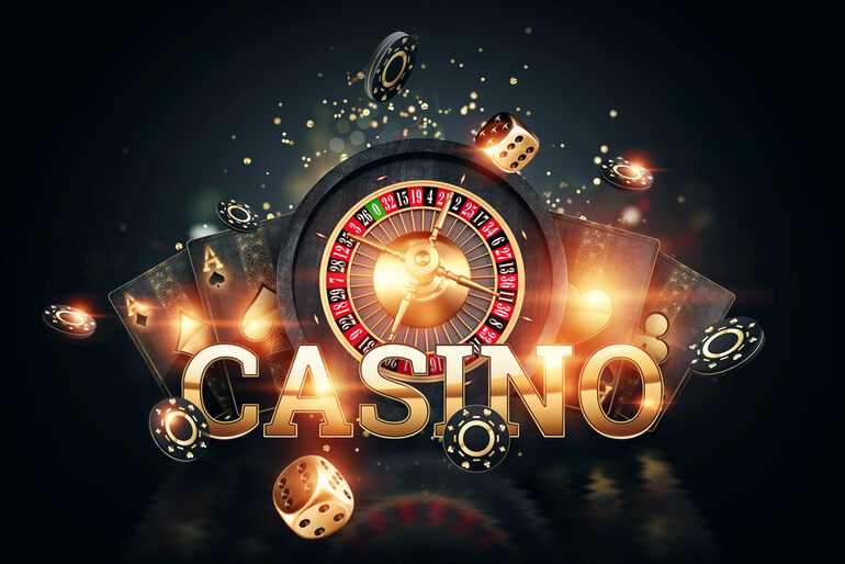 High-stakes casino-themed graphic featuring a roulette wheel, playing cards, poker chips, and golden dice.