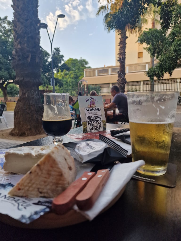Selection of Andalusian beer on table with cheese and jamon