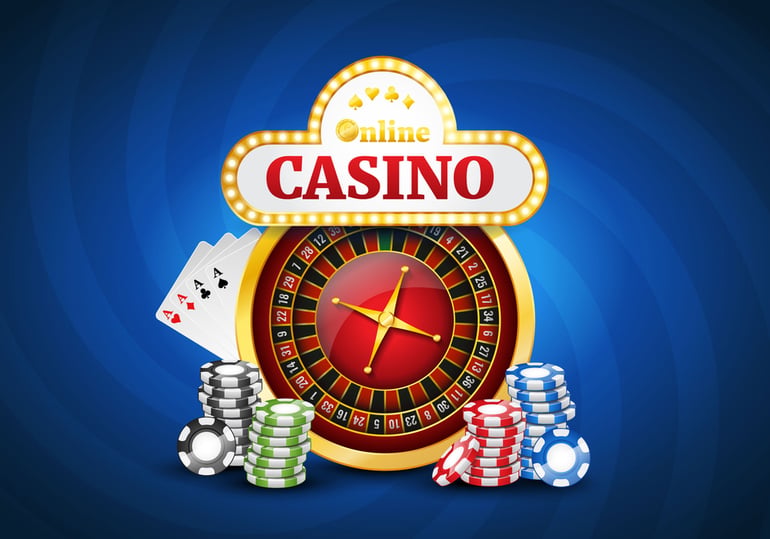 Bright online casino graphic featuring a roulette wheel, poker chips, and playing cards