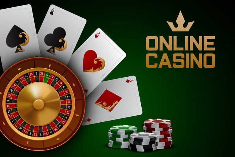 Online casino graphic featuring a roulette wheel, playing cards, and poker chips on a dark green background