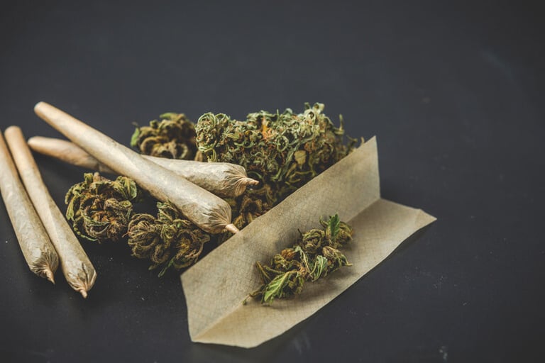 Cannabis pre-rolls with dried marijuana buds and rolling paper