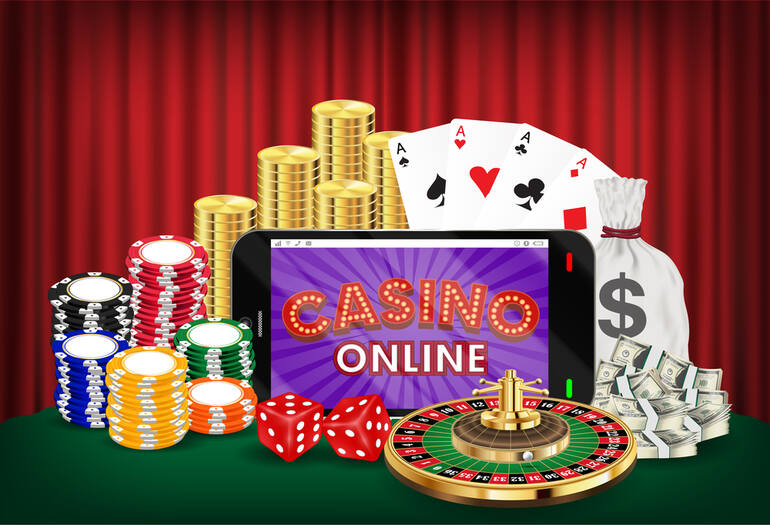 Australian online casino theme showing a roulette wheel, dice, chips, playing cards, and a smartphone.