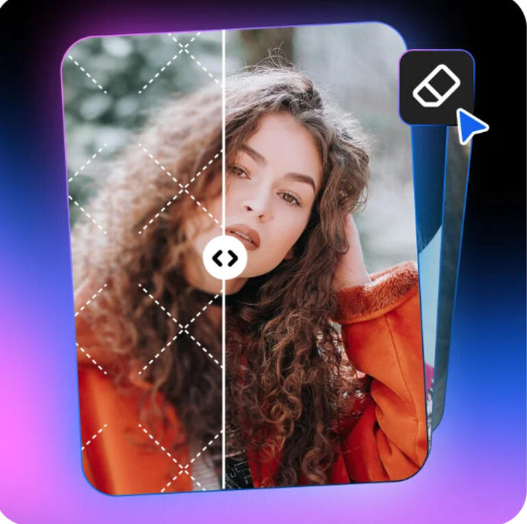 Comparison photo showing before and after watermark removal on a portrait of a woman with curly hair in an orange coat.