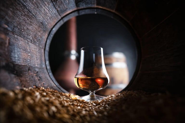 Glencairn glass of blended malt Scotch whisky in a barrel-aged distillery setting.