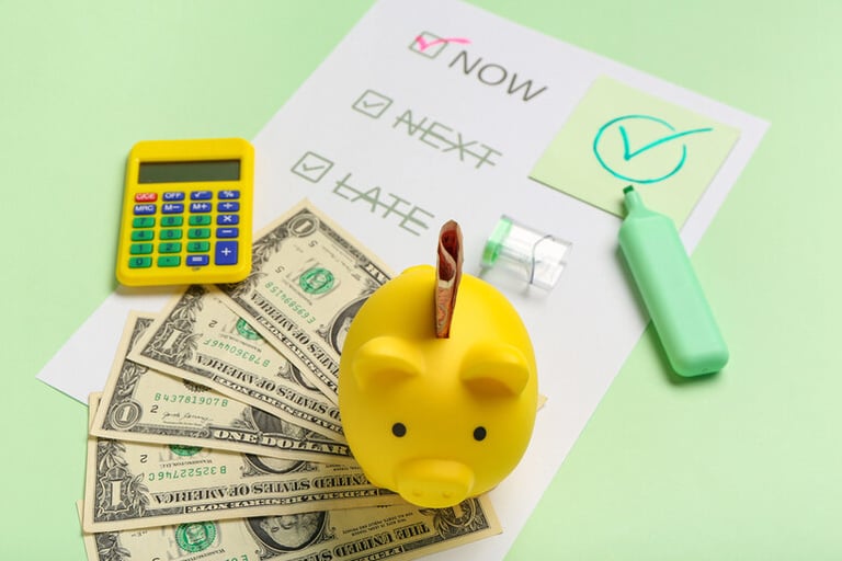 Dollar bills, calculator, and budgeting checklist labeled “Now,” “Next,” and “Late” on a pastel green background