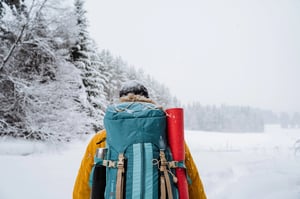 Close shot of hiking backpack on the back of the traveler. Snowy forest and rocks. Climbing the mountain in winter. Survival in the wild. High quality photo