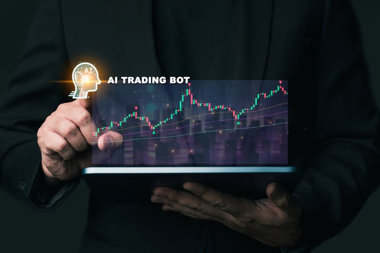 Person holding a tablet displaying a digital stock chart with the words “AI Trading Bot,” symbolizing cryptocurrency trading automation.